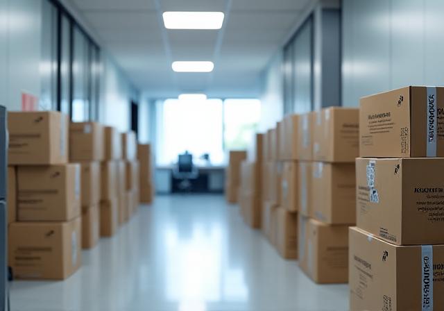 Stacked moving boxes in an office corridor