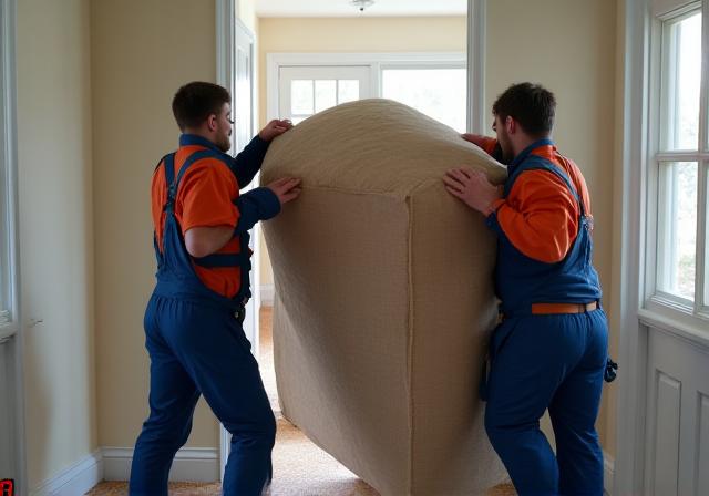 Team of two movers lifting a heavy cabinet