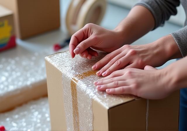 Close up of bubble wrap and packing tape being used